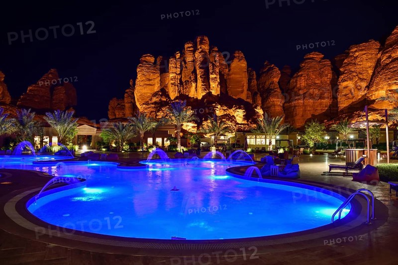 Shaden Resort by night, AlUla, Medina Province, Saudi Arabia, Arabian Peninsula, Asia