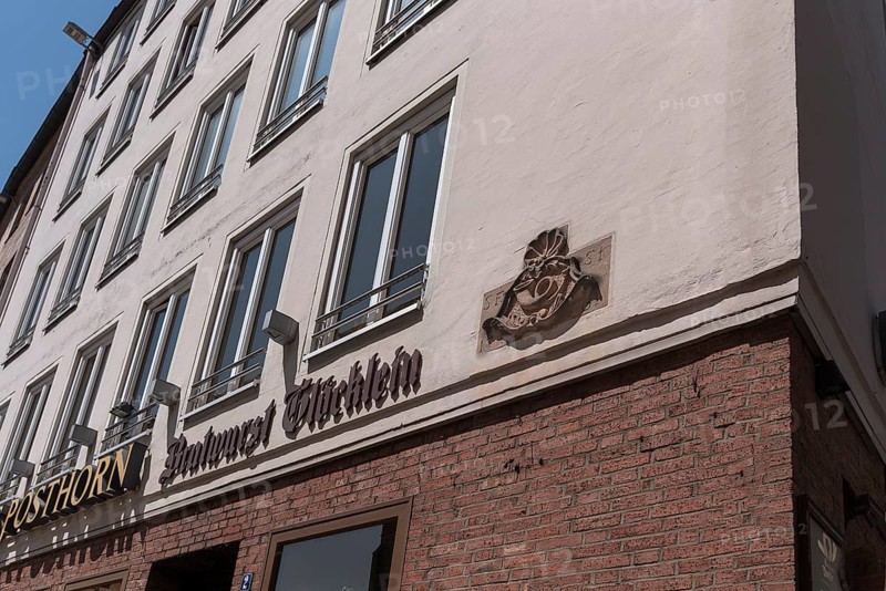 House sign from 1761, post sign relief from the Posthorn Inn, Glöckleinsgasse 2, Nuremberg, Middle Franconia, Bavaria, Germany, Europe
