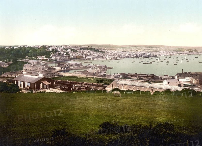 Falmouth, harbour town on the south coast of the county of Cornwall in England, Historical, around 1900, digitally restored reproduction after an original from the 19th century, harbour town on the south coast of the county of Cornwall in England, Historical, around 1900, digitally restored reproduction after an original from the 19th century