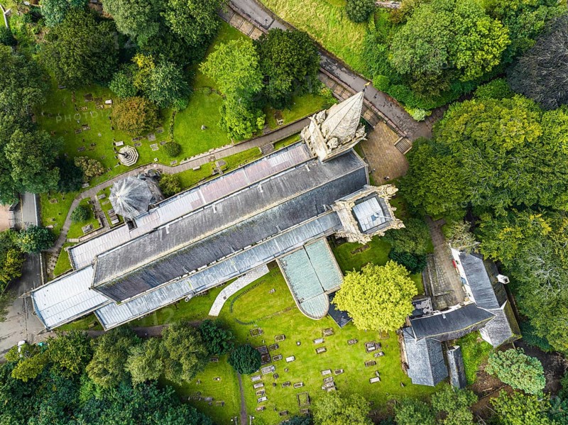 Top down over Llandaff Cathedral from a drone, Cardiff, Pembrokeshire, Wales, England, United Kingdom, Europe
