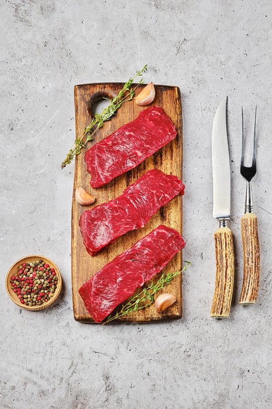 Top view of prime raw boneless beef steak