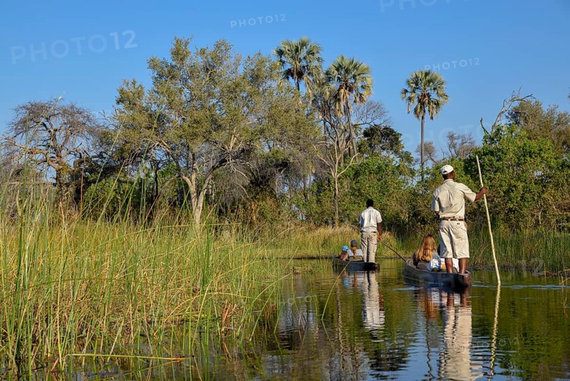 Tourists in a mokoro or dugout boat on safari in swamp area, Gomoti Plains Camp, Gomoti Concession Area, Okavango Delta, Botswana, Africa