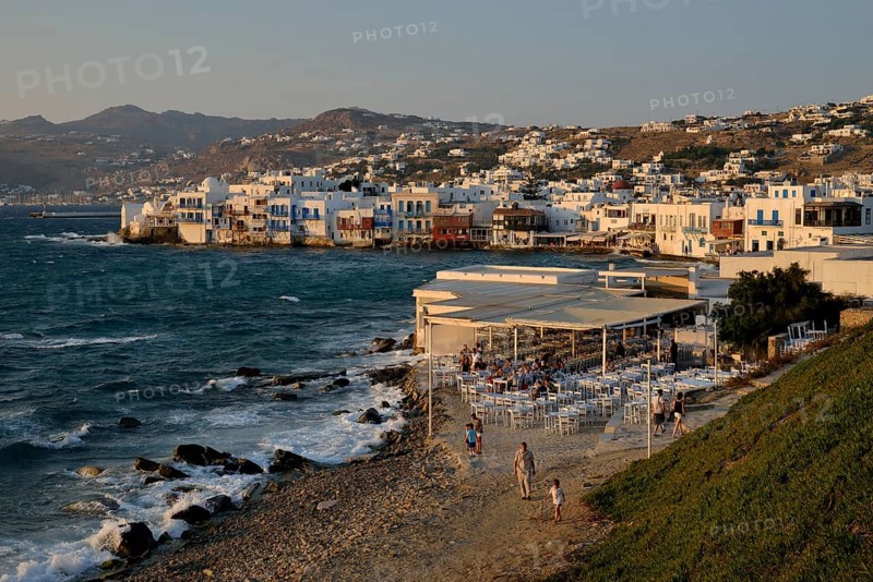 District Little Venice in the evening light, Chora or Mykonos Town, Mykonos, Cyclades, Greece, Europe