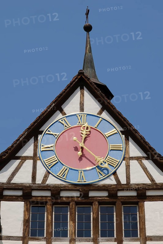 Clock at the lower gate, city gate, old town, Stein am Rhein, Canton Schaffhausen, Switzerland, Europe