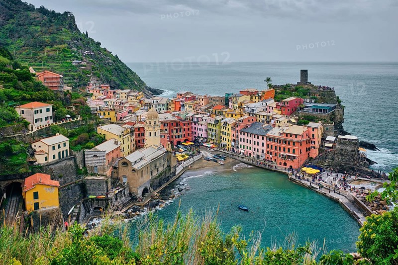 Vernazza village popular tourist destination in Cinque Terre National Park a UNESCO World Heritage Site, Liguria, Italy view from Azure trail