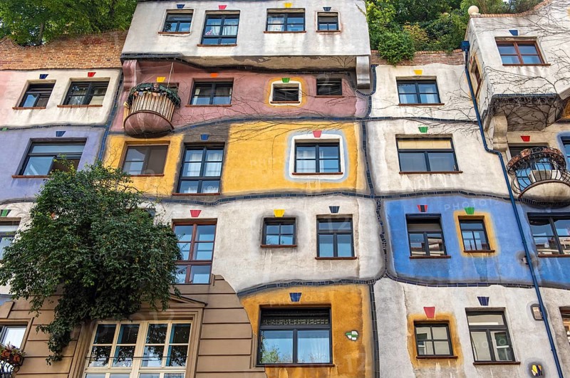 Colorful Facade of Hundertwasserhaus, apartment house designed by Friedensreich Hundertwasser in Vienna, Wien, Austria, Europe
