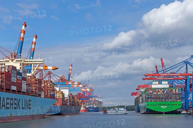 Container ships and excursion boat, paddle steamer Louisiana Star, container terminals Eurogate and Burchardkai, Waltershof, Hamburg, Germany, Europe