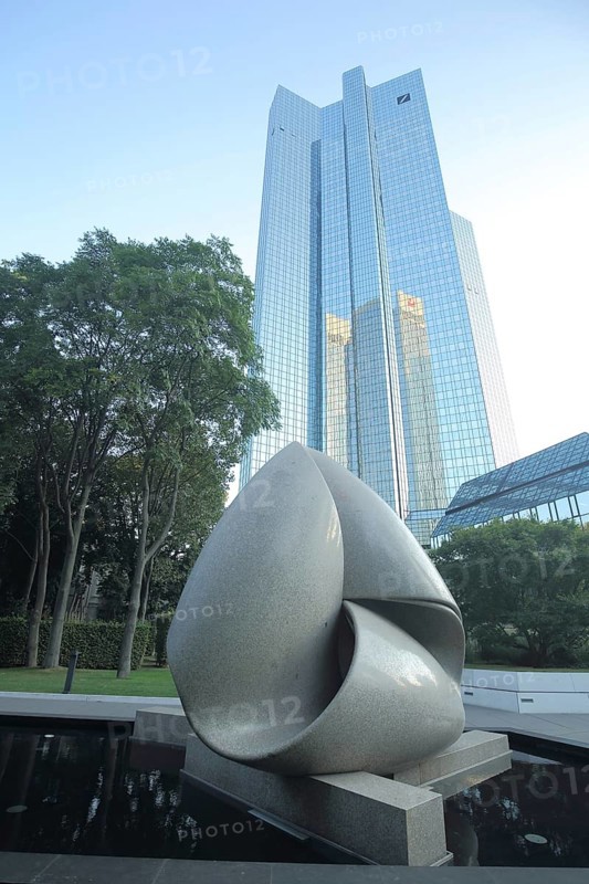 Sculpture Continuity by Max Bill 1986 in front of the high-rise, tower of the Deutsche Bank, modern, abstract, art, stone, ribbon, interwoven, downtown, Main, Frankfurt, Hesse, Germany, Europe