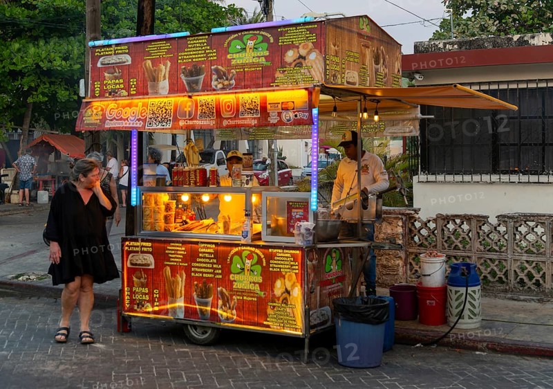 Fast food churros stall at night, Isla Mujeres, Caribbean Coast, Cancun, Quintana Roo, Mexico, Central America