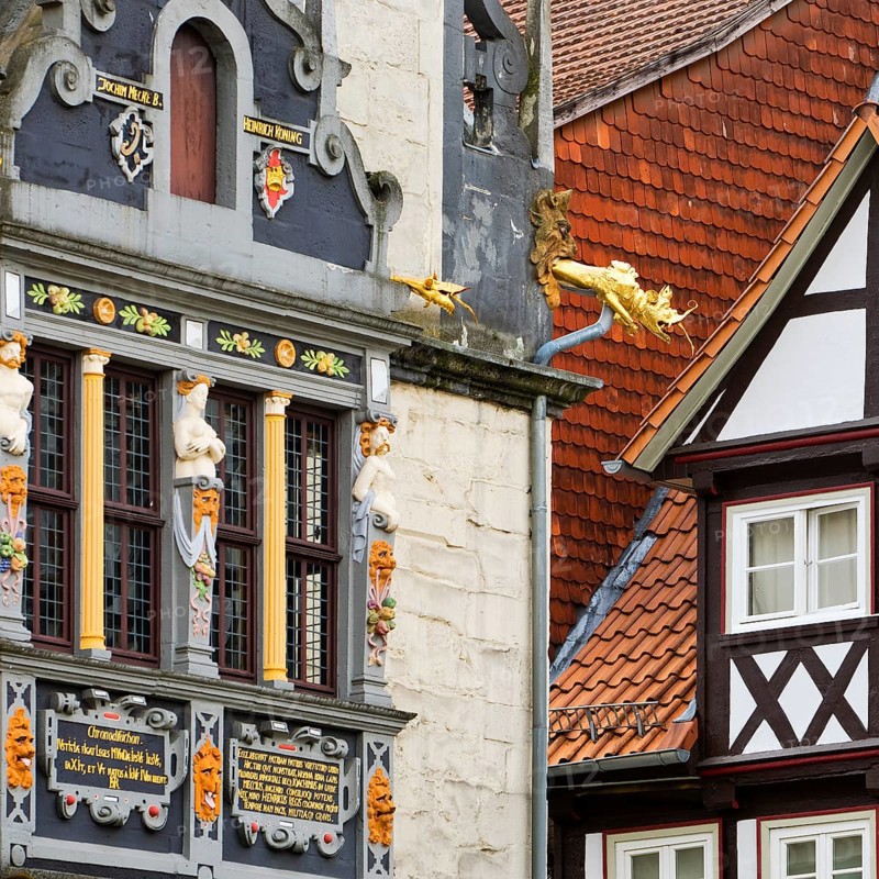 Detail of Münden Town Hall and half-timbered house, Weser Renaissance and German Half-half-timbered house House Route, Hannoversch Münden, Lower Saxony, Germany, Europe