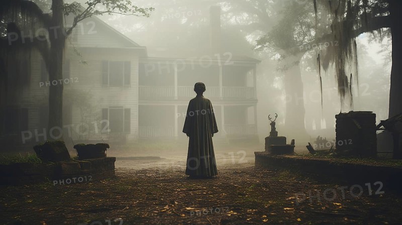 Eerie haunting ghostly female figure walking in front of a foggy southern plantation antebellum mansion on halloween night, generative AI