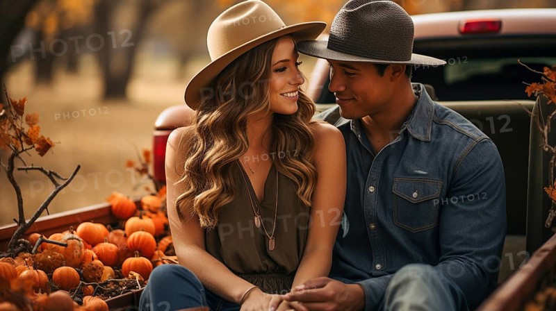 Young romantic multiethnic adult couple wearing cowboy hats relaxing in the back of a truck enjoying the fall country atmosphere, generative AI