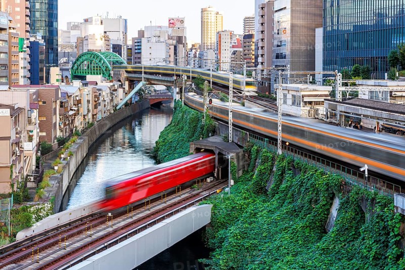 Local transport in Tokyo with trains of the metro and railways of Japan Rail JR in Tokyo, Japan, Asia
