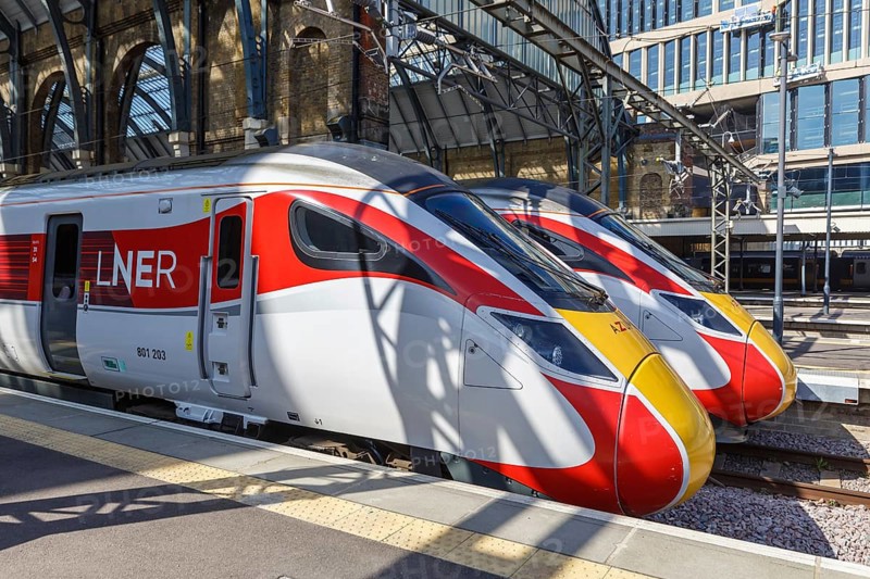 Azuma express trains of the London North Eastern Railway LNER at King's Cross station in London, Great Britain