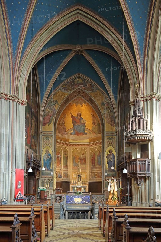 Interior view of the neo-Gothic Apollinaris Church built in 1857 in Remagen, Rhineland-Palatinate, Upper Middle Rhine Valley, Germany, Europe