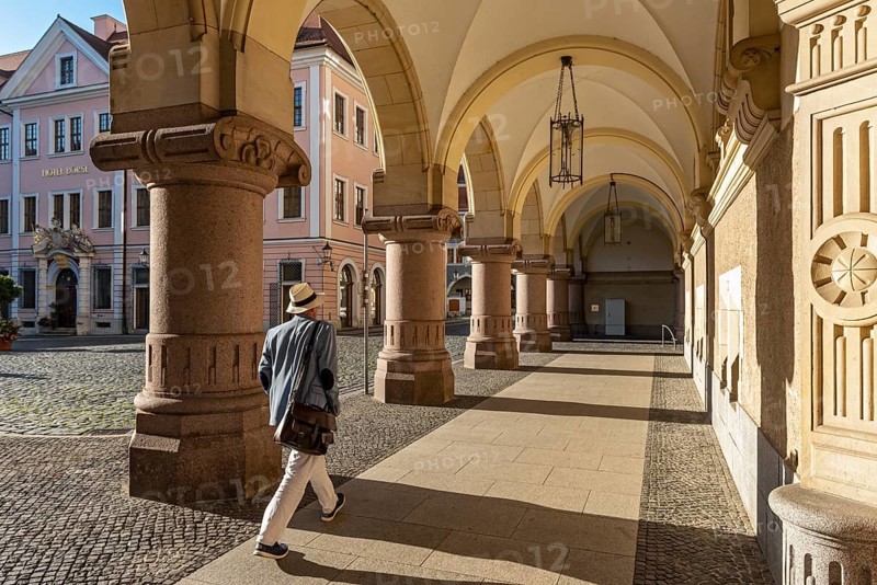Arcade of New Town Hall building, Lower Market Square, Untermarkt, Görlitz, Goerlitz, Germany, Europe