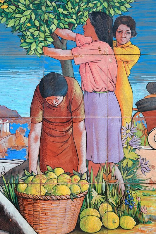 Lemon harvest, mural on the town hall in Amalfi, Campania, Italy, Europe