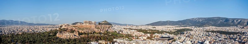 View from Philopappos Hill over the city, panorama of the Parthenon Temple and Herod's Amphitheatre, with Acropolis Museum, Acropolis, Athens, Greece, Europe