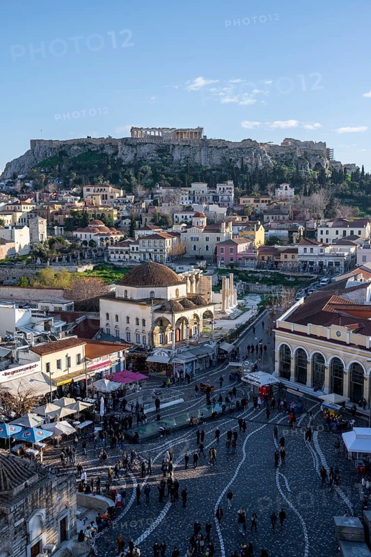 View over the old town of Athens, with Tzisdarakis Mosque and Acropolis, Monastiraki Square, Athens, Attica, Greece, Europe