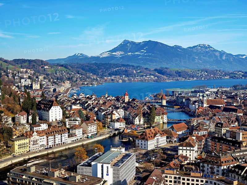City view with Spreuerbrücke, Kapellbrücke, water tower on the Reuss, behind the Rigi, Old Town, Lucerne, Canton Lucerne, Switzerland, Europe