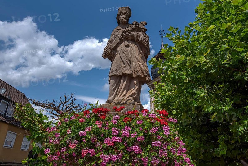 Market fountain with the figure of Saint Nepomuk, Eltmann, Lower Franconia, Bavaria, Germany, Europe