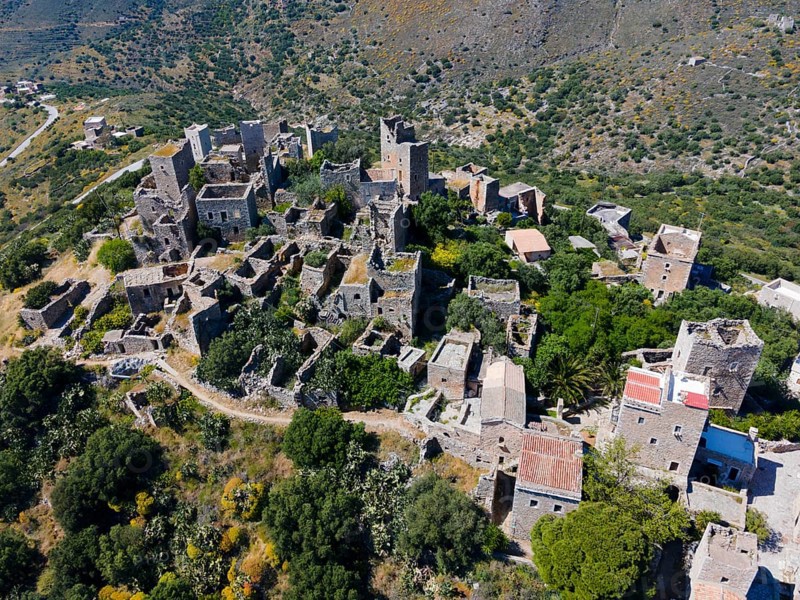 Drone shot, Vathia, Ithylo, Anatoliki Mani, Mani, Lakonia, Peloponnese, Greece, Europe