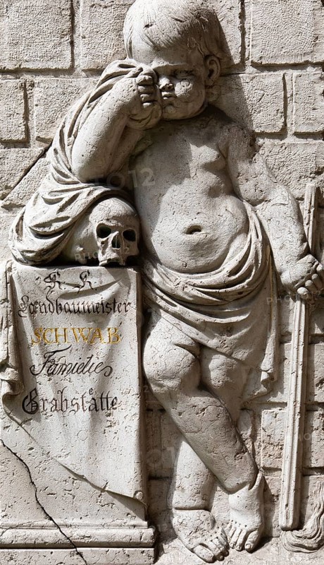 Sculpture, crypt arcades, grave counters in the arcade of St. Sebastian's Cemetery, Church of St. Peter, Salzburg, Austria, Europe