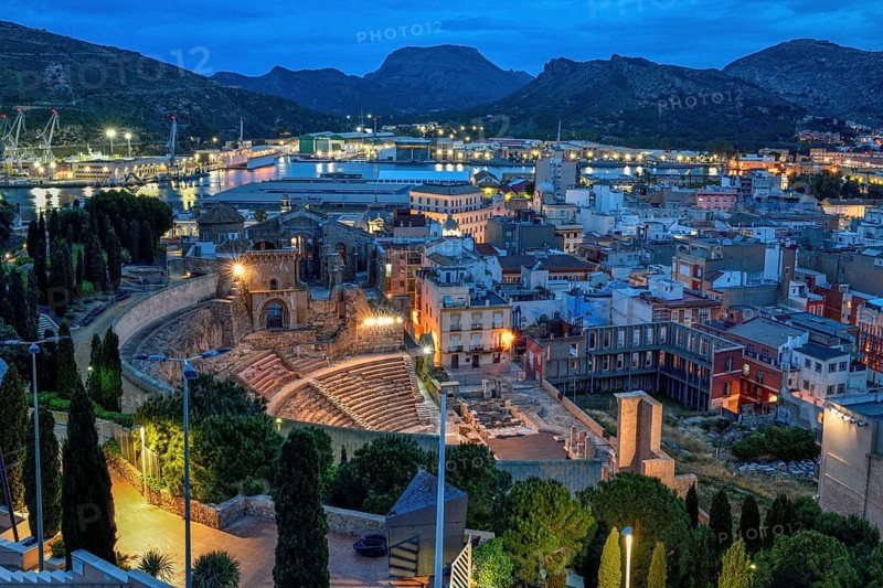 Teatro Romano, blue hour, Roman amphitheater, in the old town of Cartagena, Murcia region, Spain, Europe