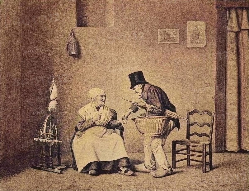Old woman offers her man a pinch of snuff, Holland, Historic, digital reproduction of an original 19th century painting, original date not known