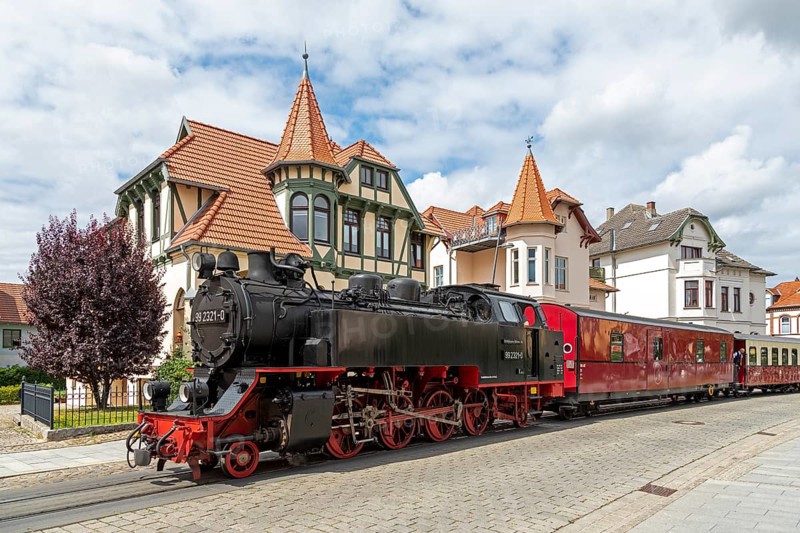 Molli steam train, city centre, villas, Bad Doberan, Mecklenburg-Western Pomerania, Germany, Europe