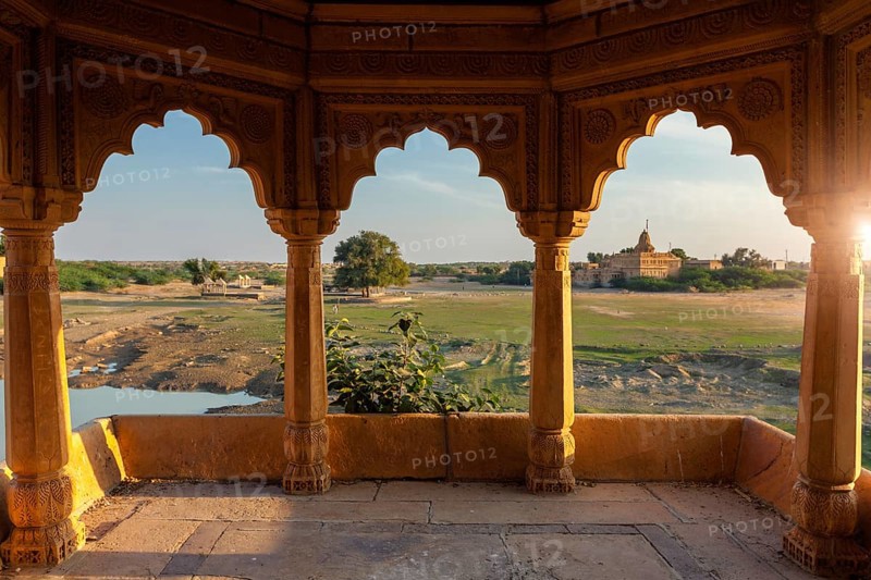 Decorated pavillion at Amar Sagar lake, Jaisalmer, Rajasthan, India, Asia