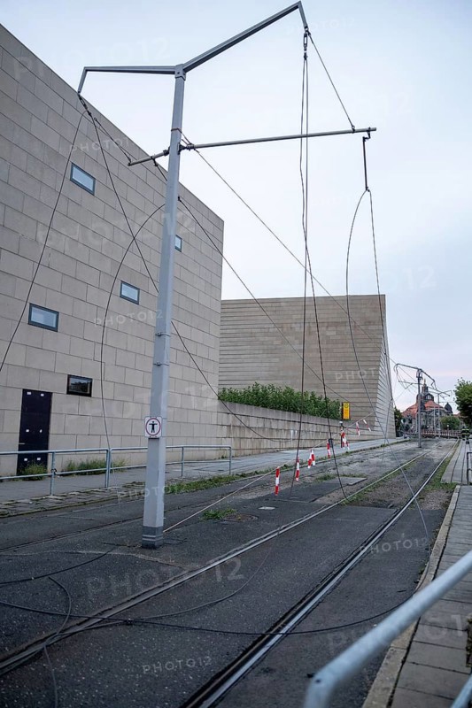 The tram overhead line is torn down after the partial collapse of the Carola Bridge in Dresden, 11/09/2024