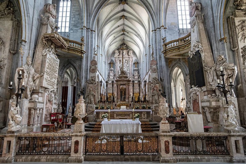 View into the choir and altar of Salem Minster with different styles such as late Gothic, Baroque, Rococo, Classicism, Salem, Lake Constance, Lake Constance district, Baden-Württemberg, Germany, Europe