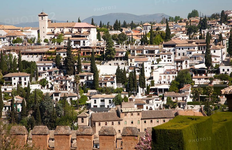 View of historic Moorish buildings in the Albaicin district of Granada, Spain seen from the Alhambra