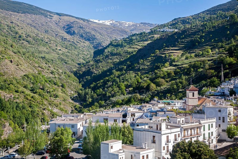 River Poqueira Gorge and village of Pampaneira, High Alpujarras, Sierra Nevada, Granada province, Spain, Europe
