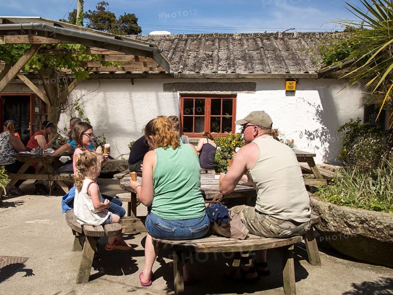People eating ice cream at Roskilly's farm, near St Keverne, Lizard Peninsula, Cornwall, England, UK