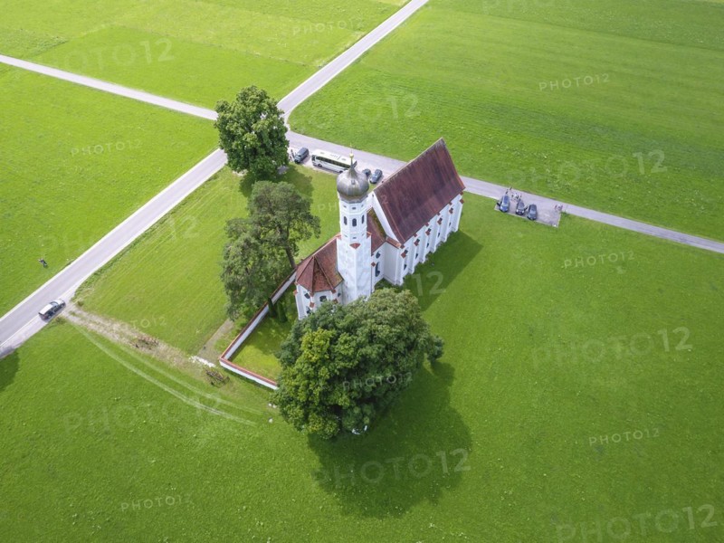 Aerial view of the baroque St. Coloman church near Schwangau in Bavaria, 27.07.2016
