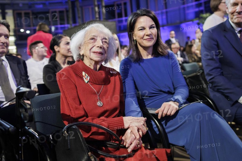 Margot Friedländer, Holocaust survivor, and Annalena Bärbock (Alliance 90/The Greens), Federal Foreign Minister, photographed during the presentation of the DSI Talisman Prize to Dunja Hayali in Berlin, 12 March 2024. Photographed on behalf of the Federal Foreign Office