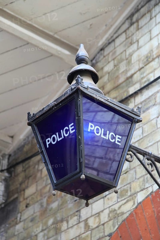 Traditional blue police lamp at Norwich railway station, Norfolk, England, UK