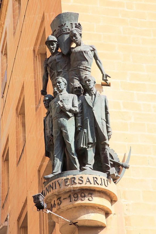 Sculpture on the General Workers Union building, Valletta, Malta, marking the 50th anniversary of the Union (1943, 1993), Europe