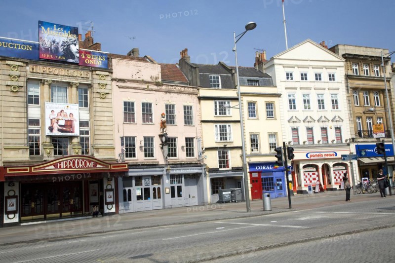 Hippodrome theatre and historic buildings, St Augustine's Parade, Bristol, England, UK