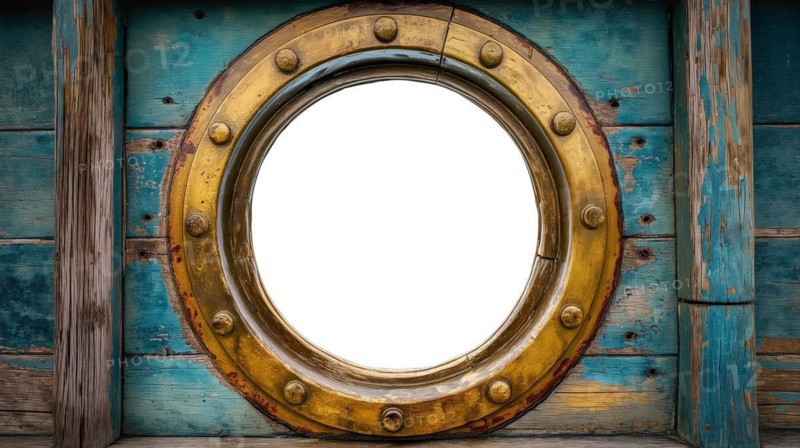 Vintage aged brass ship porthole mounted on a wooden hull with a white background. generative AI, AI generated