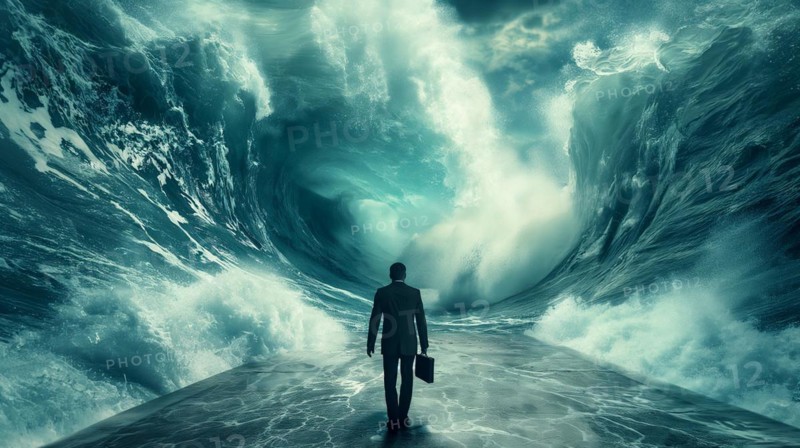 Disheartened businessman standing on the shore in the midst of approaching turbulent crashing waves. feeling of overwhelming demands and impending doom, generative AI, AI generated