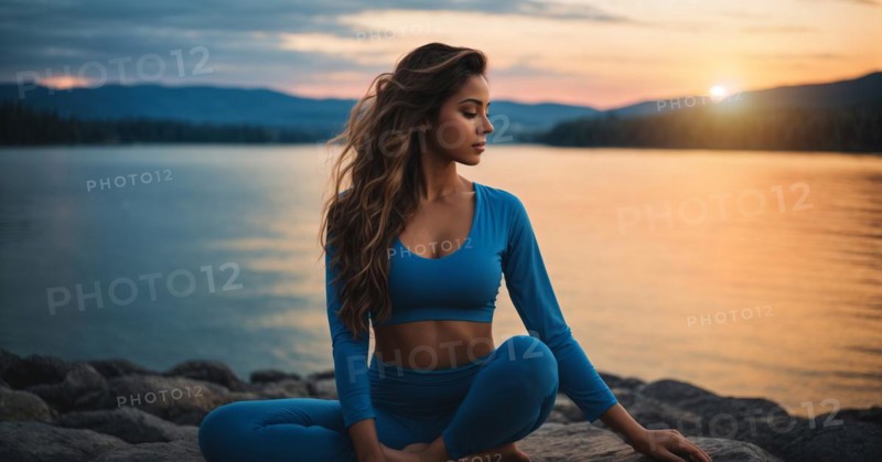 Woman practicing flexible yoga poses and mindful spiritual meditation relaxation near serene lake, AI generated