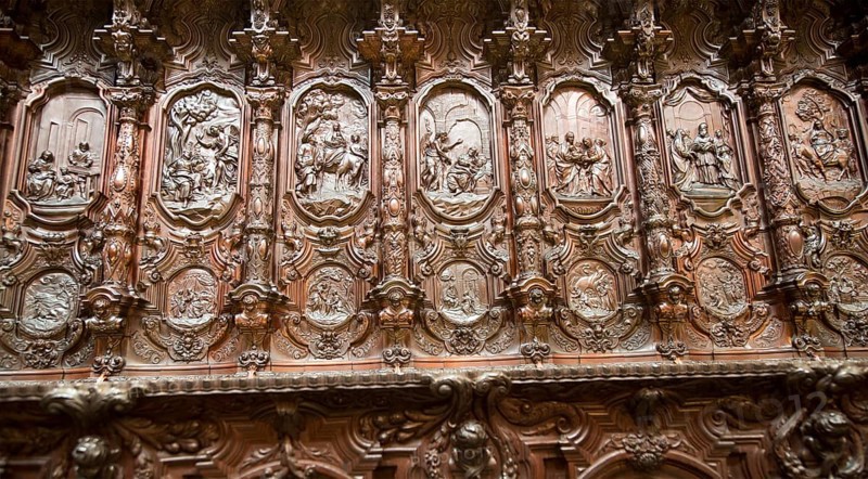 Finely carved mahogany woodwork in the cathedral choir stalls by Pedro Duque Cornejo, Cordoba, Spain, Europe