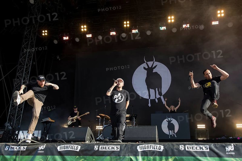 Panik Panzer (Tobias Pongratz), Koljah (Kolja Podkowik) and Danger Dan (Daniel Pongratz), rappers from Antilopen Gang at the Highfield Festival on Saturday, Störmthaler See, 17/08/2024