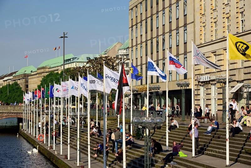 Germany, Hamburg, City, Inner Alster Lake, Kleine Alster, Alsterfleet, Terrace with shipping company flags, Europe