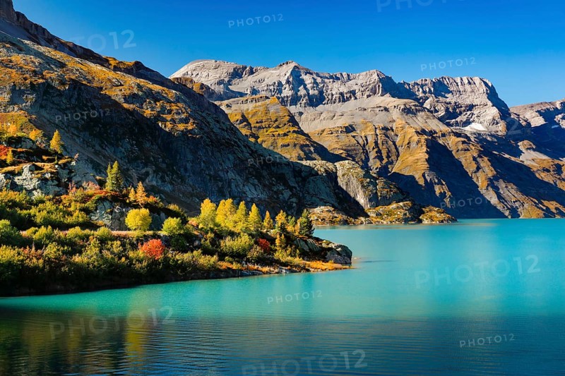 Autumn colours at Lac d'Emosson in the Valais mountains, Switzerland, Europe