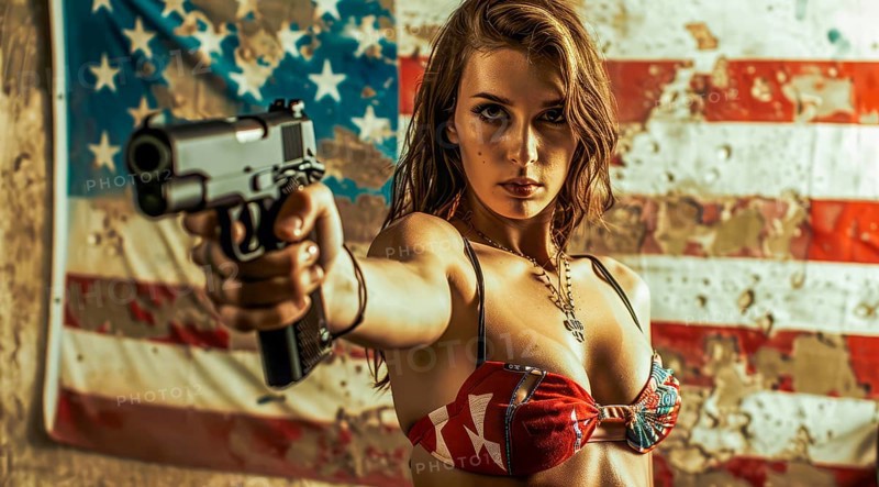 A woman is holding a gun and standing in front of an American flag. Concept of patriotism and gun control, as the woman is not only holding a gun but also wearing a bikini top with the American flag, AI generated