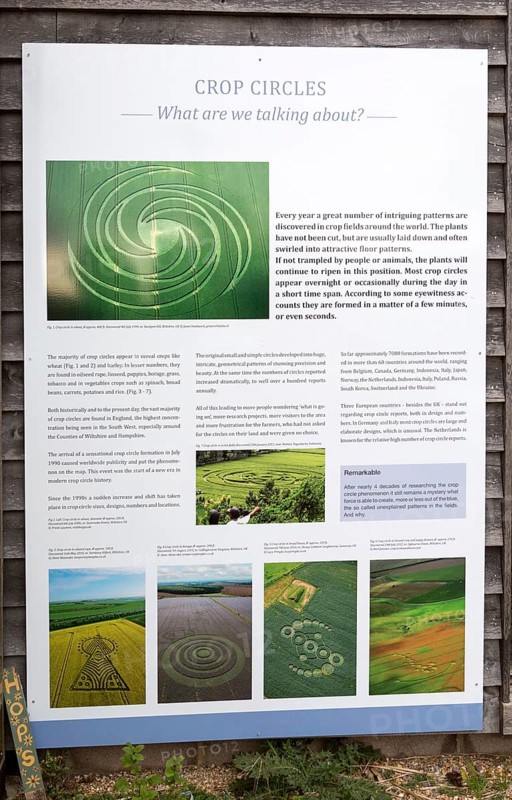 Information board panel about crop circles at the Barge Inn, Honeystreet, Wiltshire, England, UK